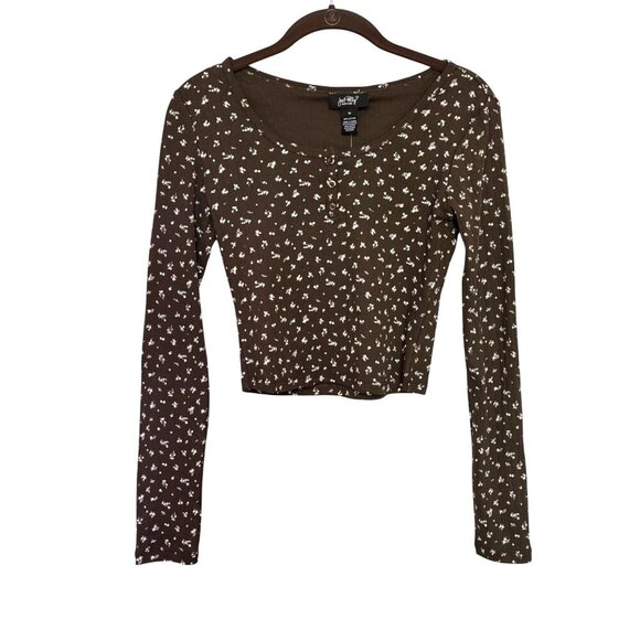 Just Polly Womens Medium Brown Ribbed Floral Long Sleeve Button Henley Crop Top - Picture 1 of 10